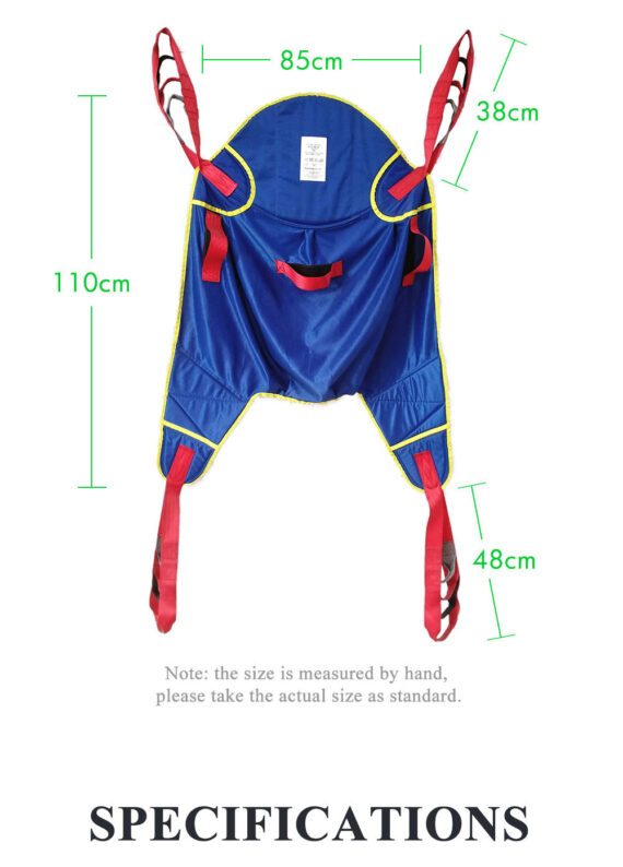 Universal Divided Leg Padded Patient Lift Sling with Head Support - size chart