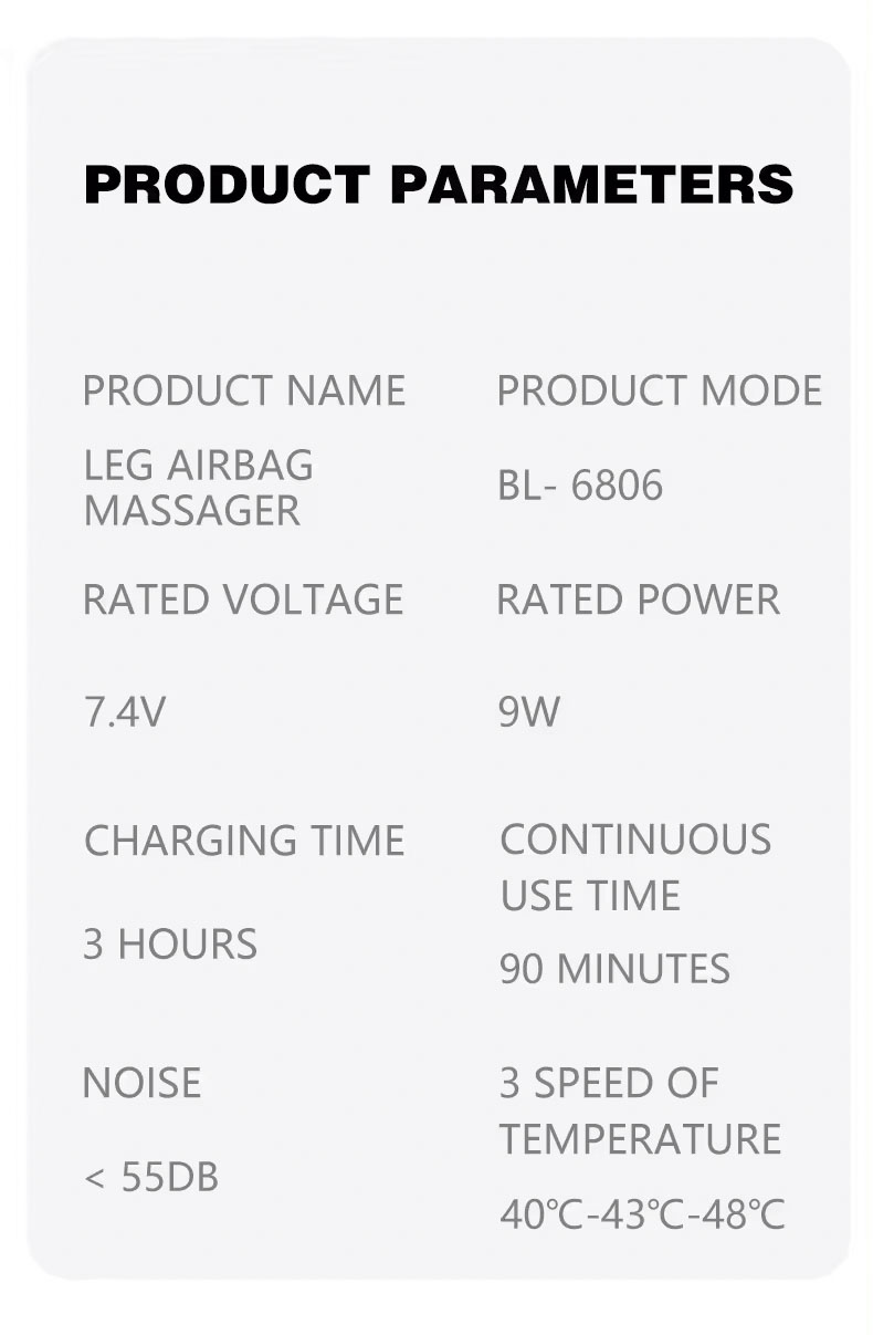 rechargeable Leg Massager - product parameters